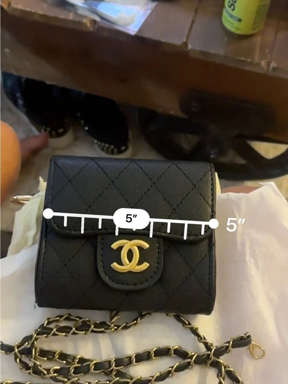 Source Unknown Black Quilted Wallet-on-Chain with Gold Hardware
